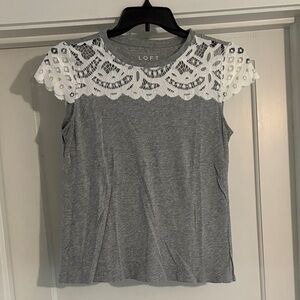 LOFT Short Sleeve Gray and White Lace Tee